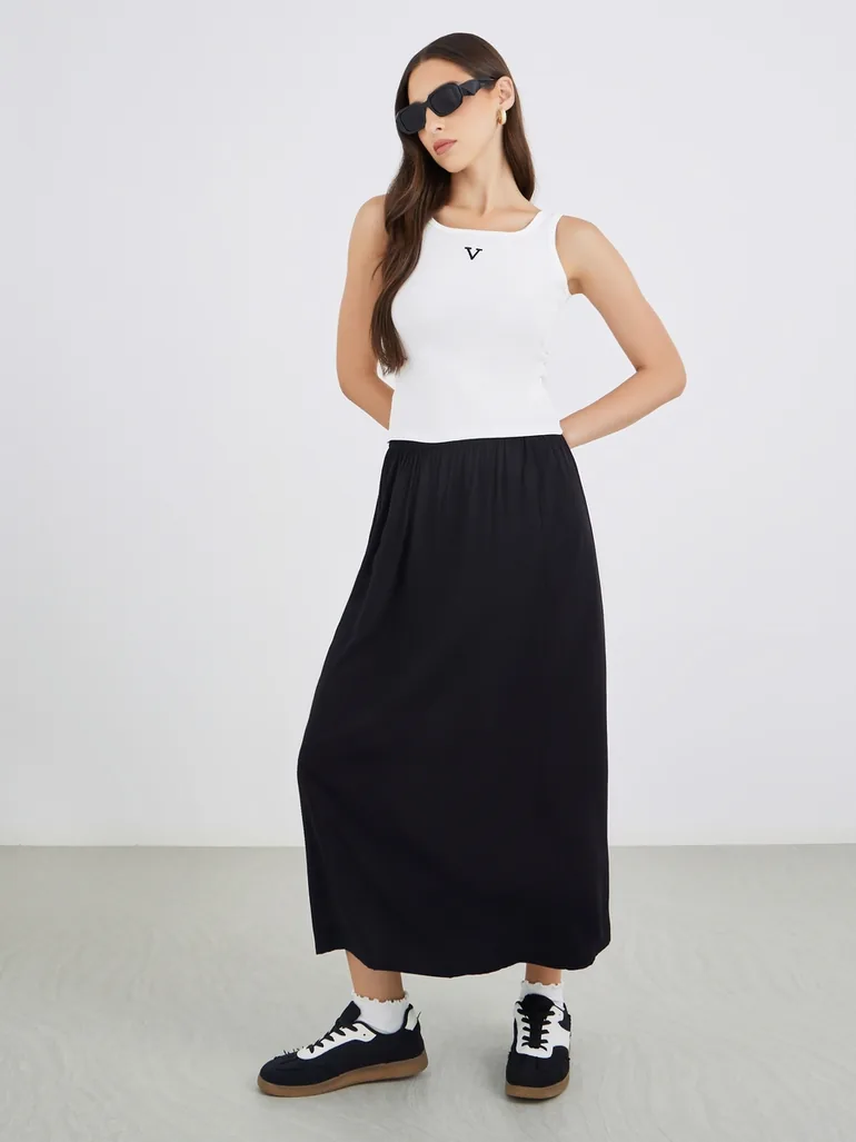 Solid Viscose Elasticated Waistband Midi Skirt