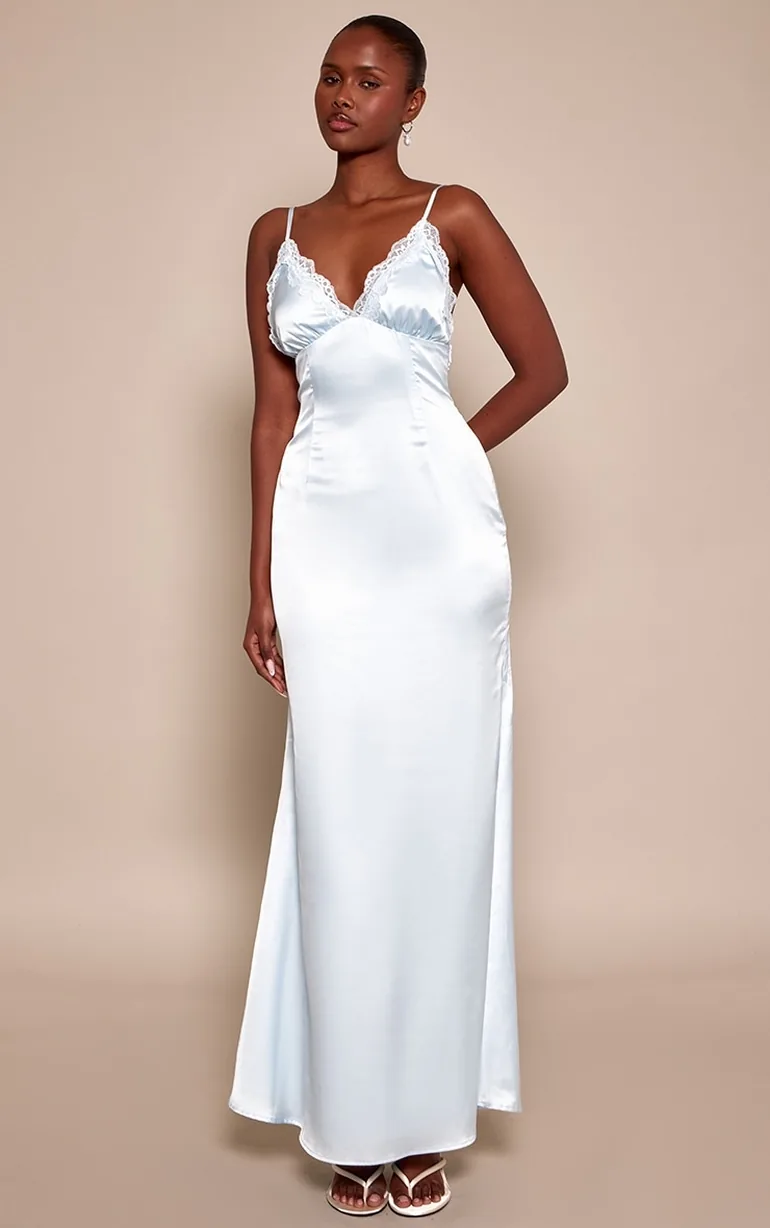 Baby Blue Satin Lace Cup Maxi Slip Dress