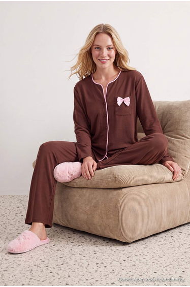 Brown Plain Ribbon Shally Woven Pajama Set product thumbnail 4