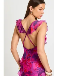 Chiffon Ruffle Detail Backless Floral Maxi Dress - hot pink - 3