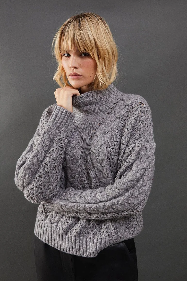 Chunky Cable Knit Roll Neck Jumper