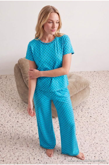 Turquoise 100% Cotton Polka Dot Waist Elastic Detailed Knitted Pajama Set product thumbnail 2