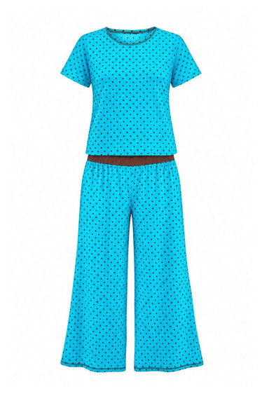 Turquoise 100% Cotton Polka Dot Waist Elastic Detailed Knitted Pajama Set product thumbnail 3