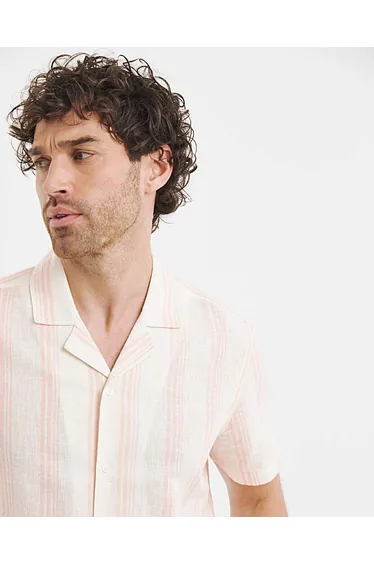 Revere Collar Linen Blend Stripe Shirt