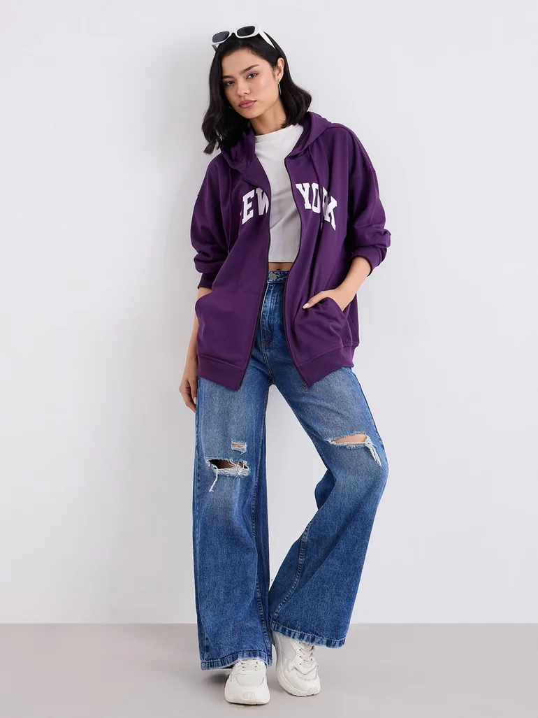Oversized Zip Through New York Print Hoodie
