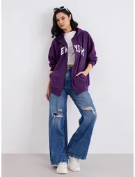Oversized Zip Through New York Print Hoodie