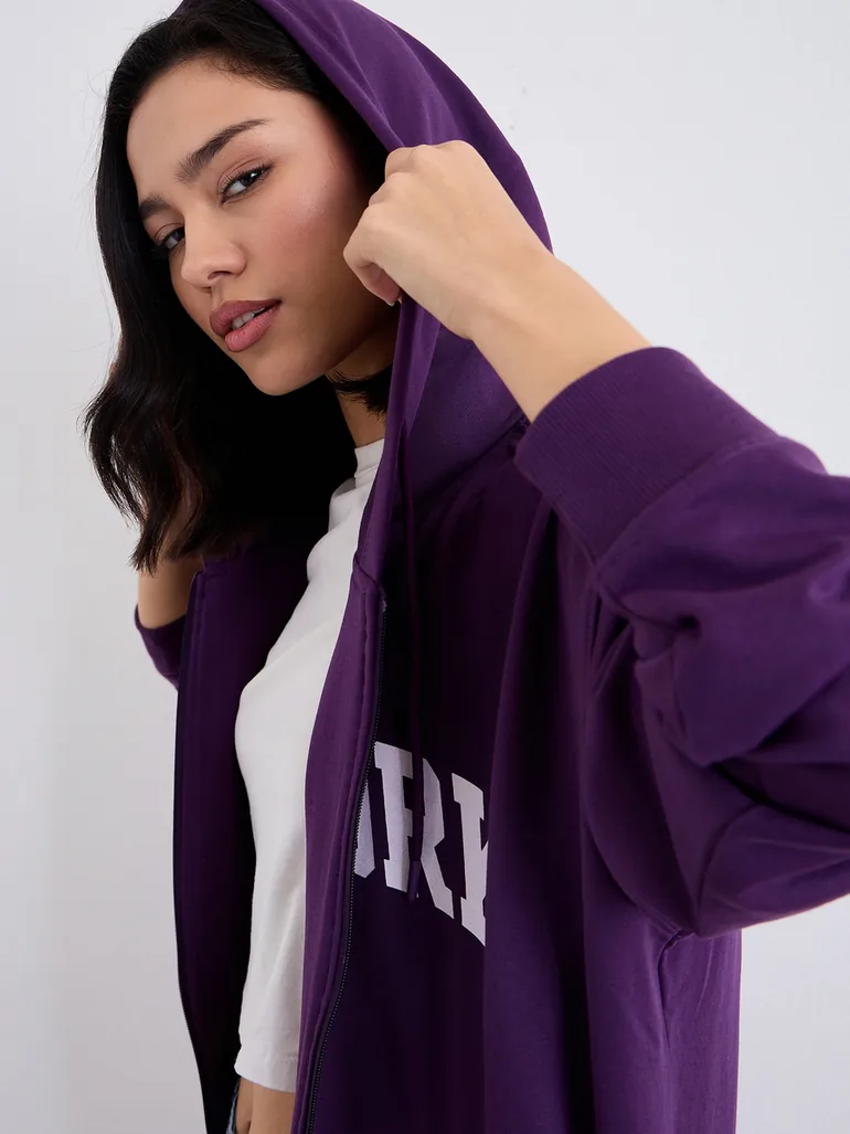 Oversized Zip Through New York Print Hoodie - 2
