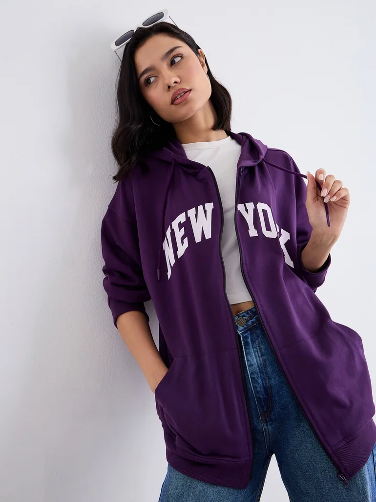 Oversized Zip Through New York Print Hoodie - 3