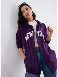Oversized Zip Through New York Print Hoodie - 3