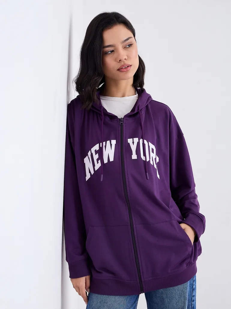 Oversized Zip Through New York Print Hoodie - 1