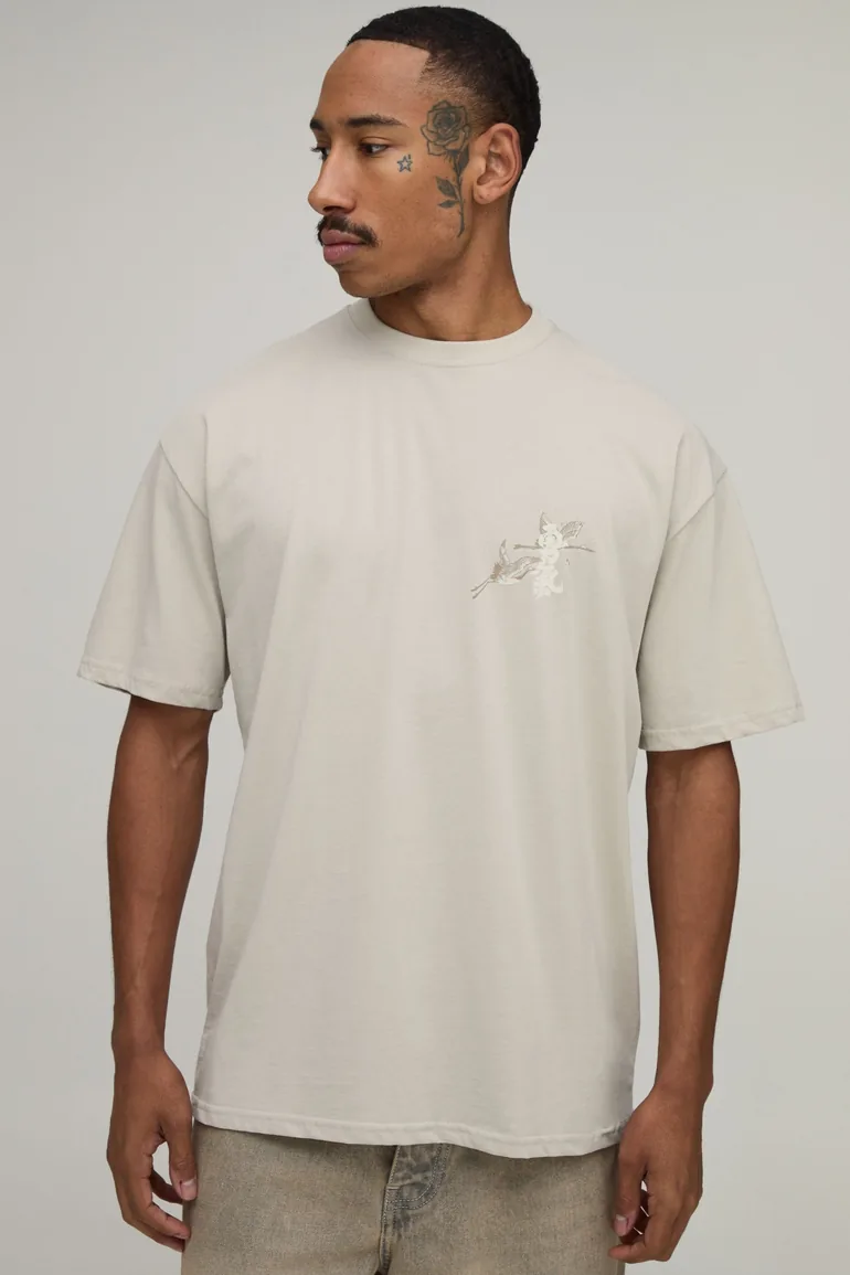 Stone Oversized Multi Placement Print T-Shirt - stone