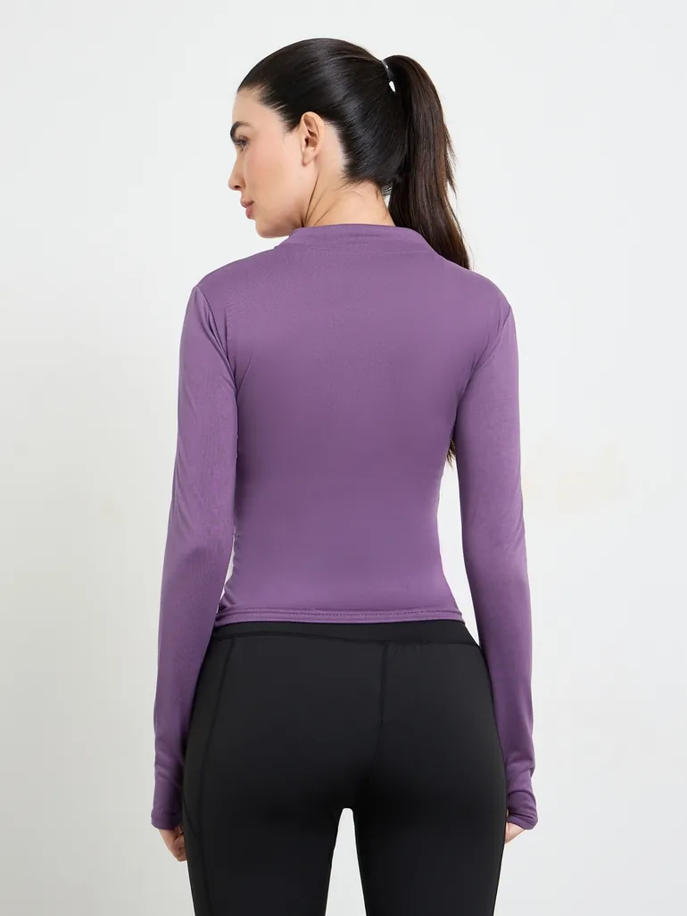 Purple Basic Thumbhole Detail Zip Up Jacket - 3