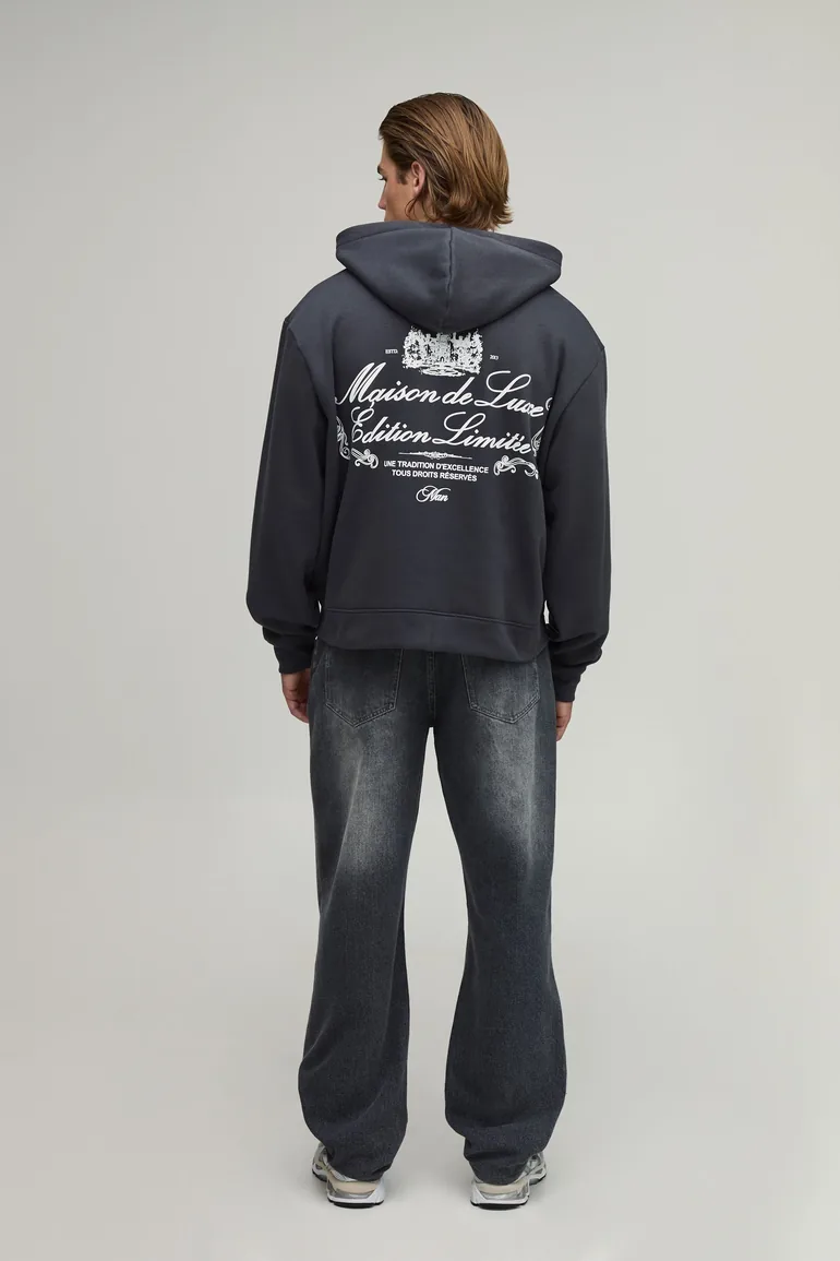 Oversized Boxy Limited Print Zip Through Hoodie - black - 1