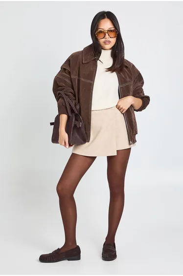 Petite Wool Look Wrap Mini Skirt - stone