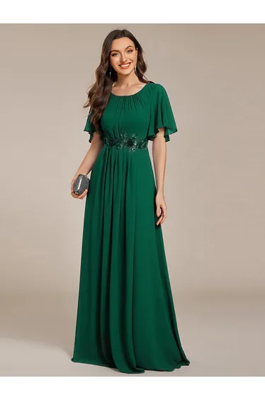ever ASPYN|Short Sleeve Pleated Applique A-Line Floor-Length Formal Evening Dress