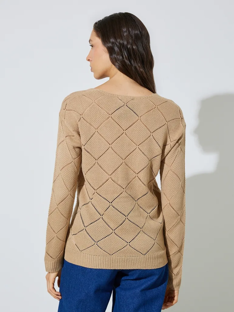 Khaki Pointelle Diamond Pattern Knit Top - 4