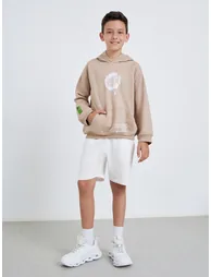 Teens Beige Graphic Print Cotton Hoodie