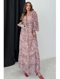Brown Geometric Pattern Belted Flounce Detail Chiffon Dress