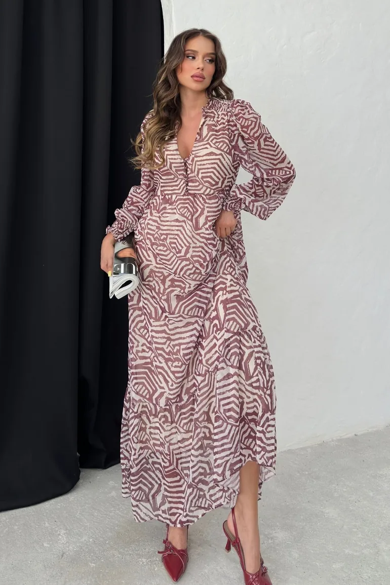 Brown Geometric Pattern Belted Flounce Detail Chiffon Dress - 2