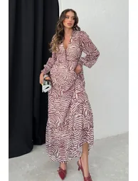 Brown Geometric Pattern Belted Flounce Detail Chiffon Dress - 2