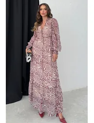 Brown Geometric Pattern Belted Flounce Detail Chiffon Dress - 5