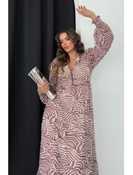 Brown Geometric Pattern Belted Flounce Detail Chiffon Dress - 1