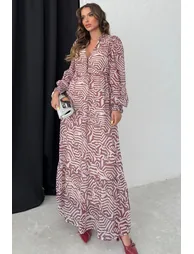 Brown Geometric Pattern Belted Flounce Detail Chiffon Dress - 4