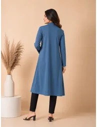 Medium Blue Solid Longline Open Front Shrug - 2