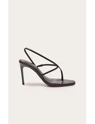 Black Crinkle Toe Loop Asymmetric Strappy High Heeled Sandals - 1