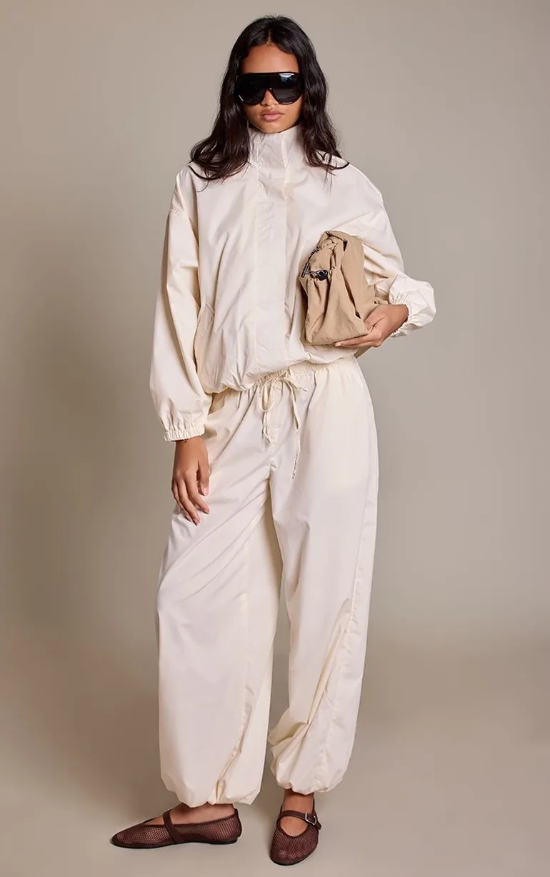 Cream Nylon Wide Leg Trouser