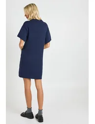 Collared Button Down Oversized Knitted Dress - navy - 2