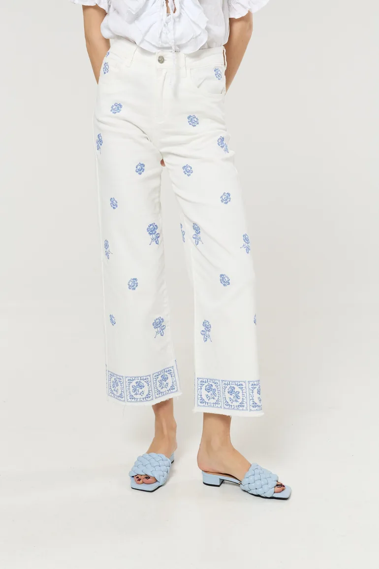 White Floral Embroidered Wide Leg Jeans - 1