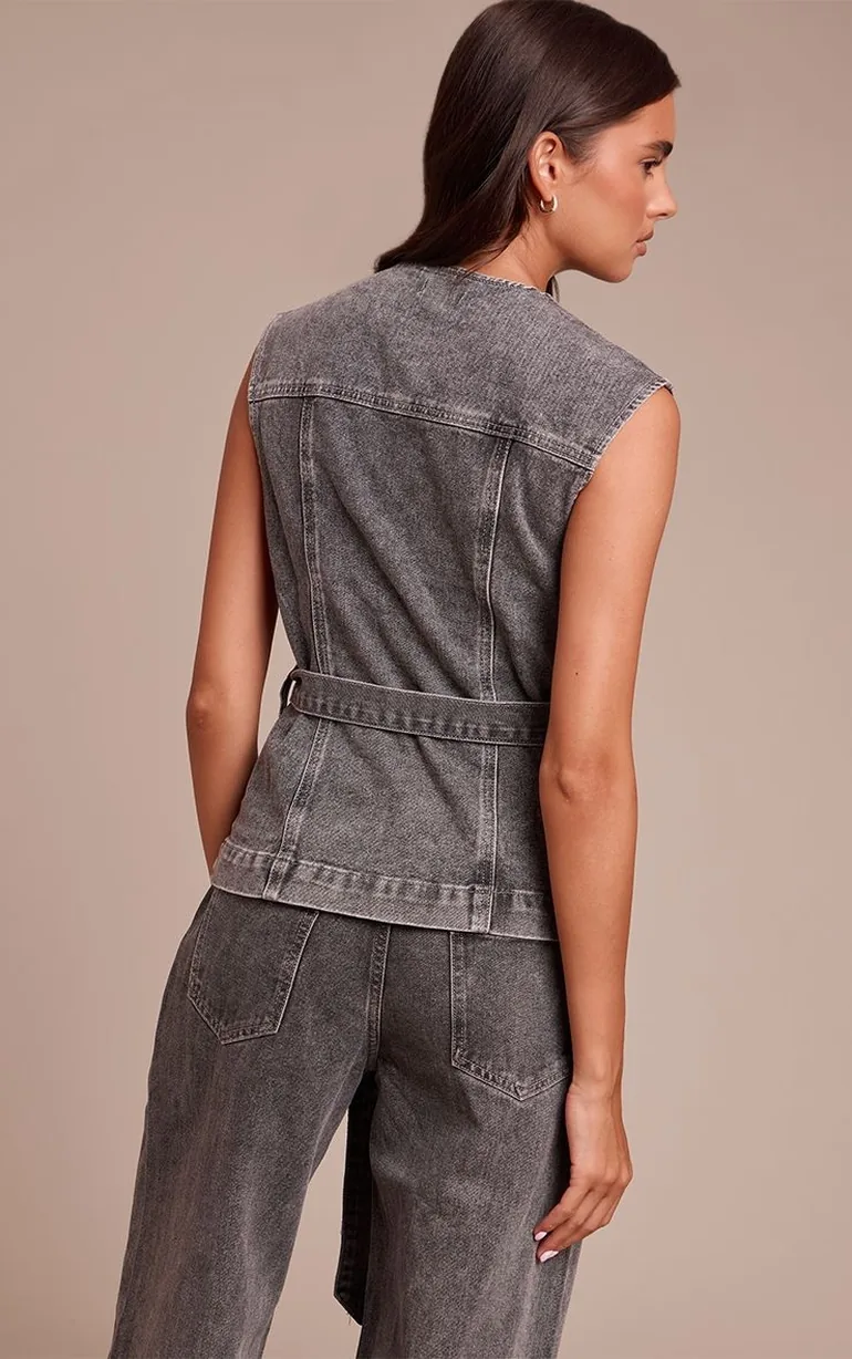 Washed Grey Round Neck Cinch Belted Denim Top - 1