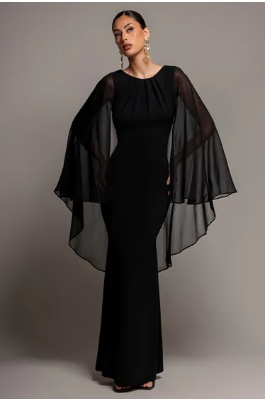 Cape Sleeve Chiffon And Scuba Crepe Maxi Dress - Black by Goddiva