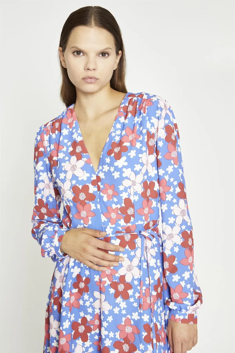 Blue-Red Flower V-Neck Mini-Dress - 1