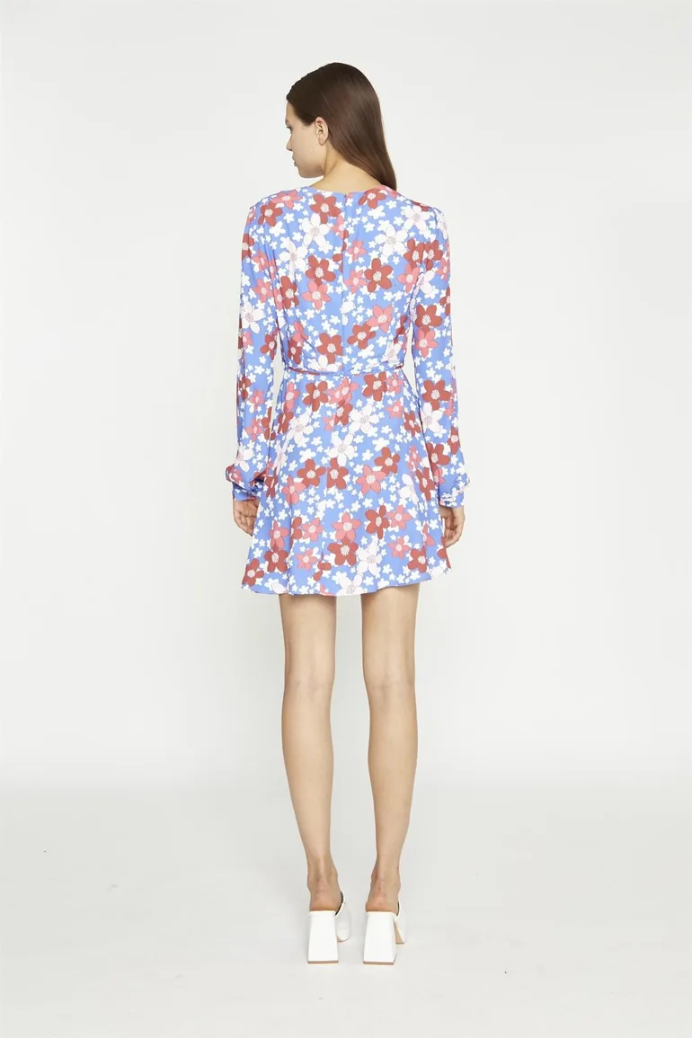 Blue-Red Flower V-Neck Mini-Dress - 2