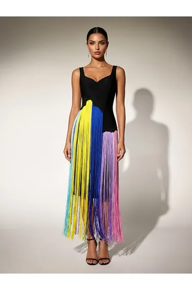Flavianus Sleeveless Fringe Midi Dress