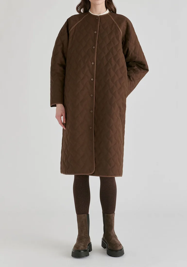Diamond Quilted Longline Coat with Matching Removable Scarf - 13