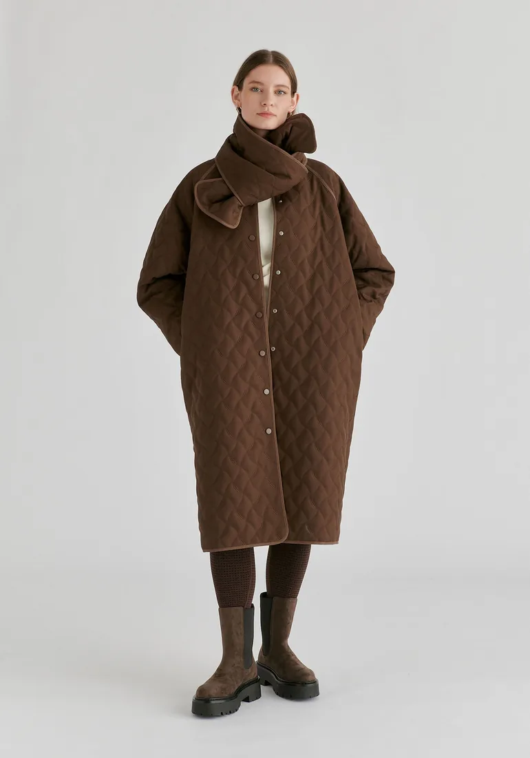 Diamond Quilted Longline Coat with Matching Removable Scarf - 3