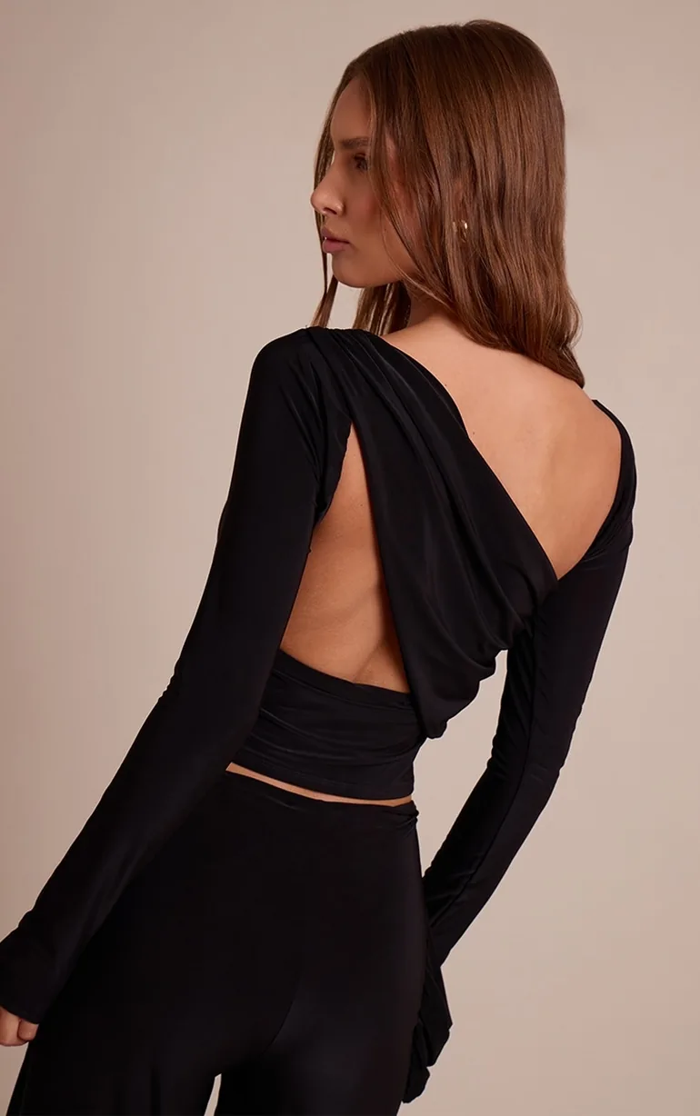 Black Double Layer Slinky Drape Top - 1