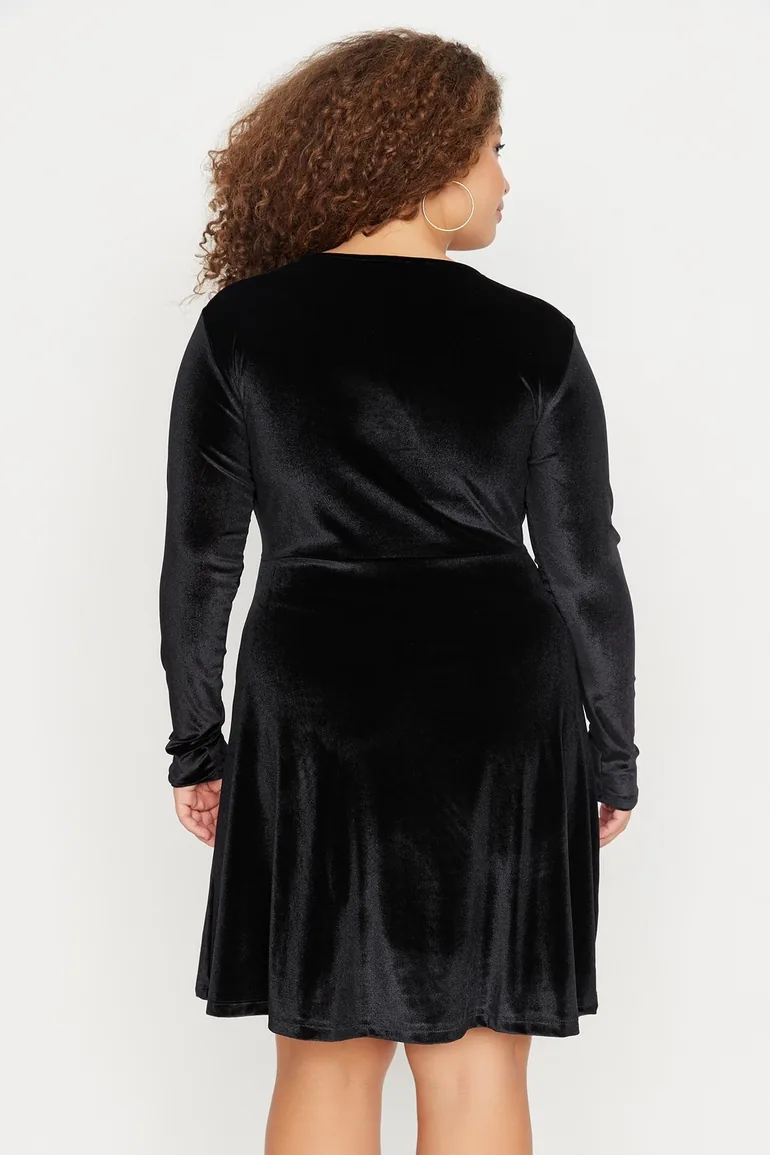 Black Double Breasted Collar Velvet Knitted Dress TBBAW23AH00117 - 5
