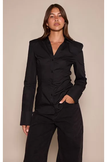Black Cotton Cinched Cuff Detail Shoulder Pad Shirt