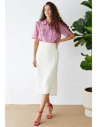 Irregular Hem Seam Detailing Midi Skirt in Ivory - 8