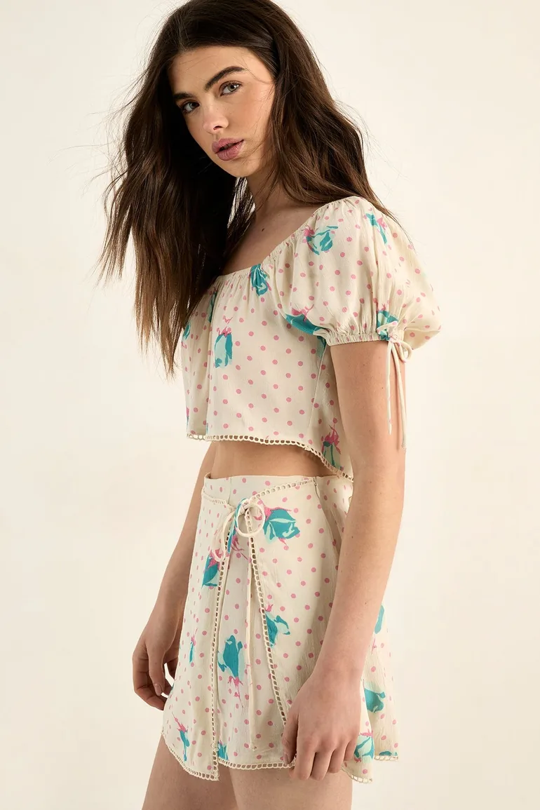 Floral Polka Dot Lace Trim Wrap Mini Skirt - 3