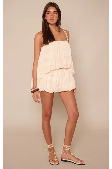 Almond Shirred Puffball Top Co-ord
