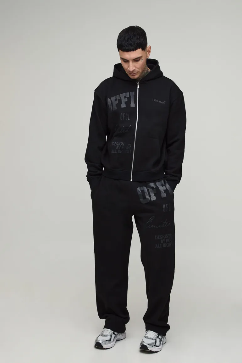 Tall Oversized Boxy Official Tonal Print Zip Hooded Tracksuit - black - 3