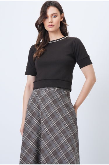 Women's Bitter Brown Crew Neck Pearls Knitwear Blouse