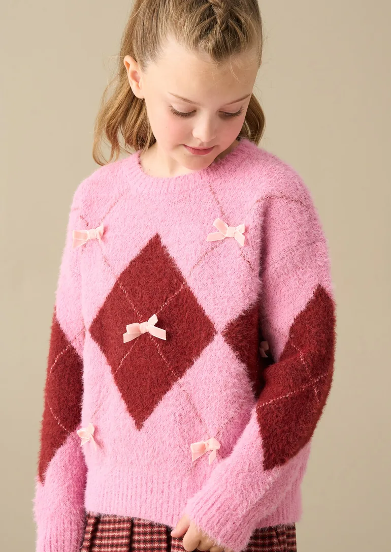 Sara Bow Diamond Knitted Jumper - Pink