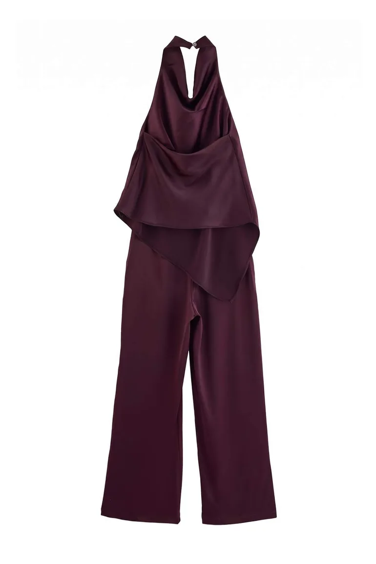 Plum Plain Degaje Collar Sleeveless Woven Satin Party Bottom - Top Set - 3