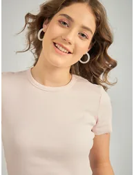 بلوزة مضلعة بياقة دائرية - زهري - 4